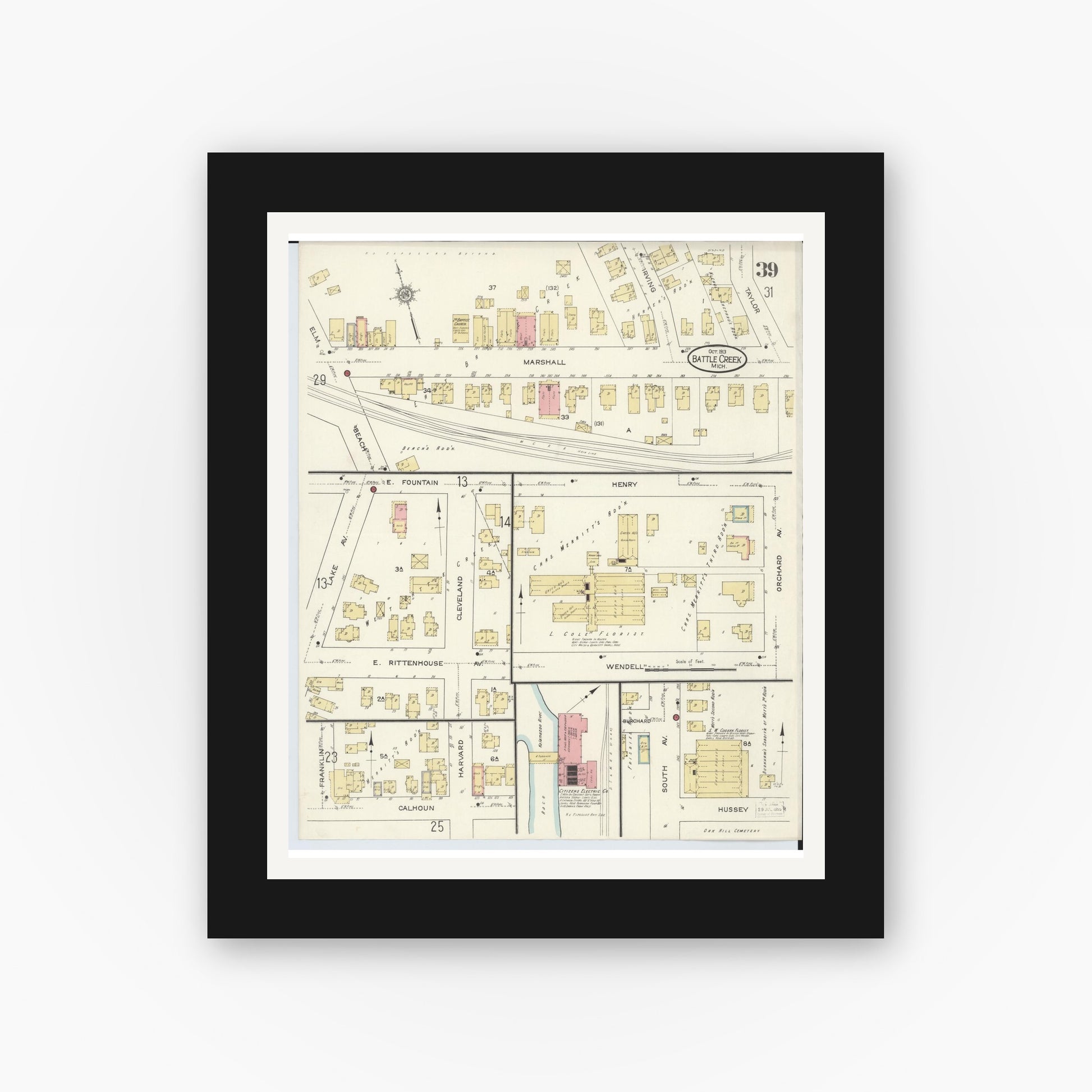 Old map wall art mockup — black gallery frame with white mat — Sanborn Fire Insurance Map from Battle Creek, Calhoun County, Michigan (1913), Sheet #0039