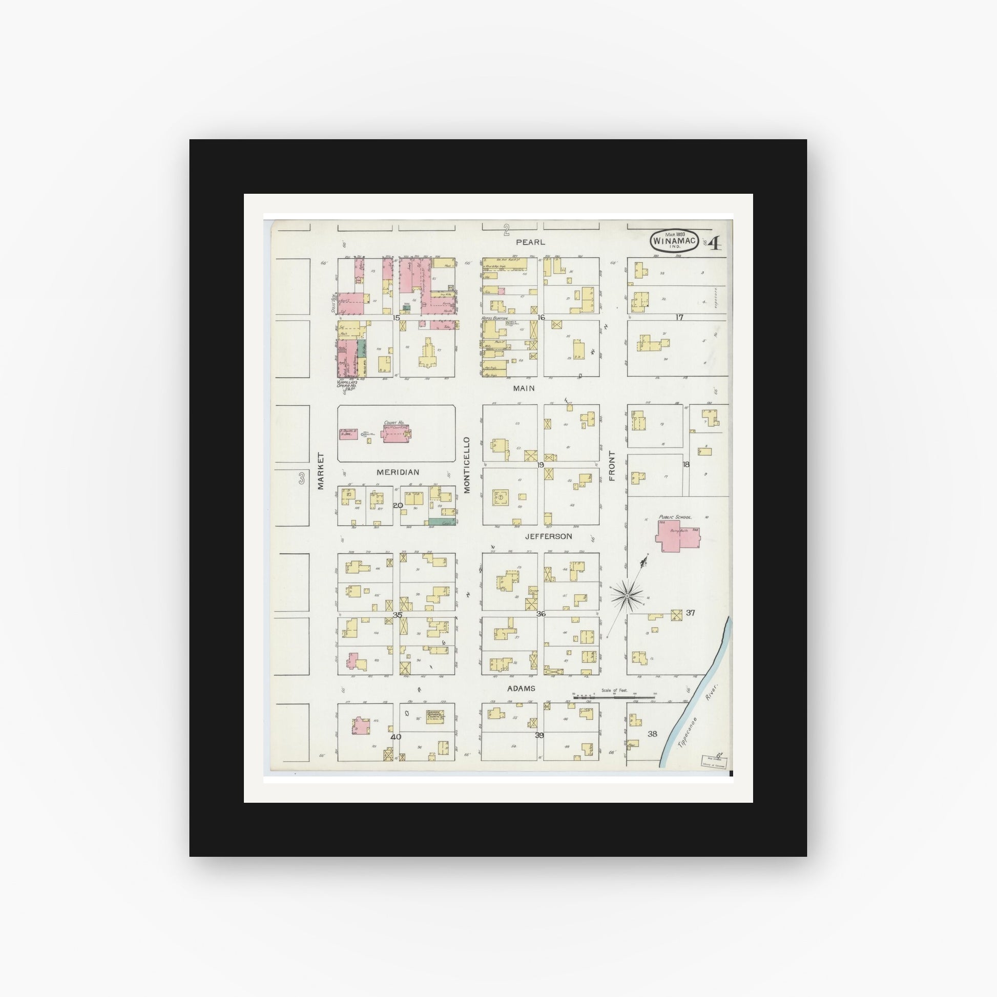 Old map wall art mockup — black gallery frame with white mat — Sanborn Fire Insurance Map from Winamac, Pulaski County, Indiana (1893), Sheet #0004