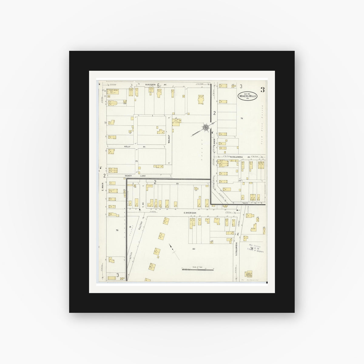 Old map wall art mockup — black gallery frame with white mat — Sanborn Fire Insurance Map from Miners Mills, Luzerne County, Pennsylvania (1911), Sheet #0003