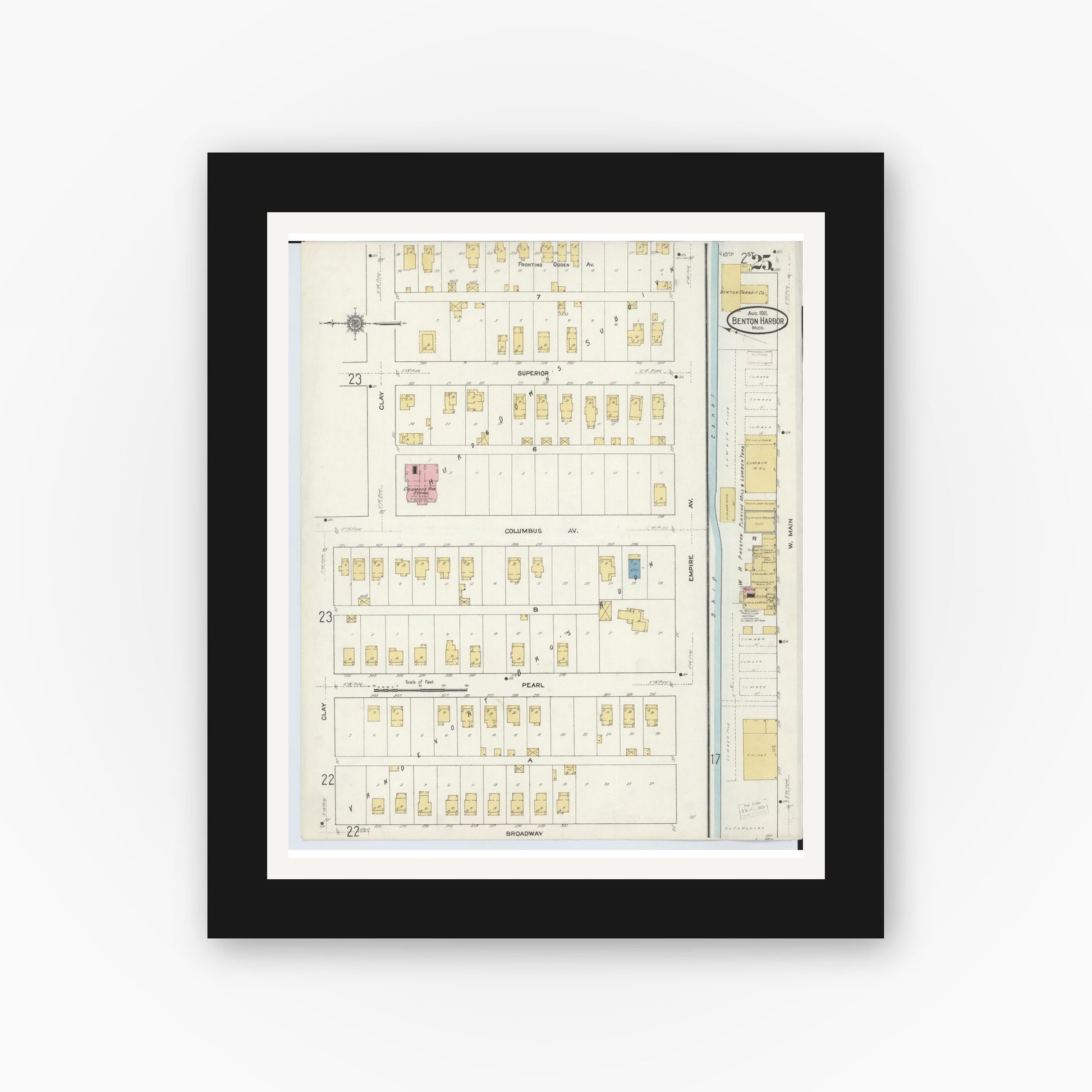 Old map wall art mockup — black gallery frame with white mat — Sanborn Fire Insurance Map from Benton Harbor, Berrien County, Michigan (1911), Sheet #0025