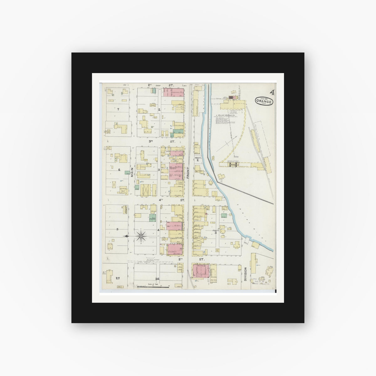 Old map wall art mockup — black gallery frame with white mat — Sanborn Fire Insurance Map from Orange, Orange County, Texas (1891), Sheet #0004