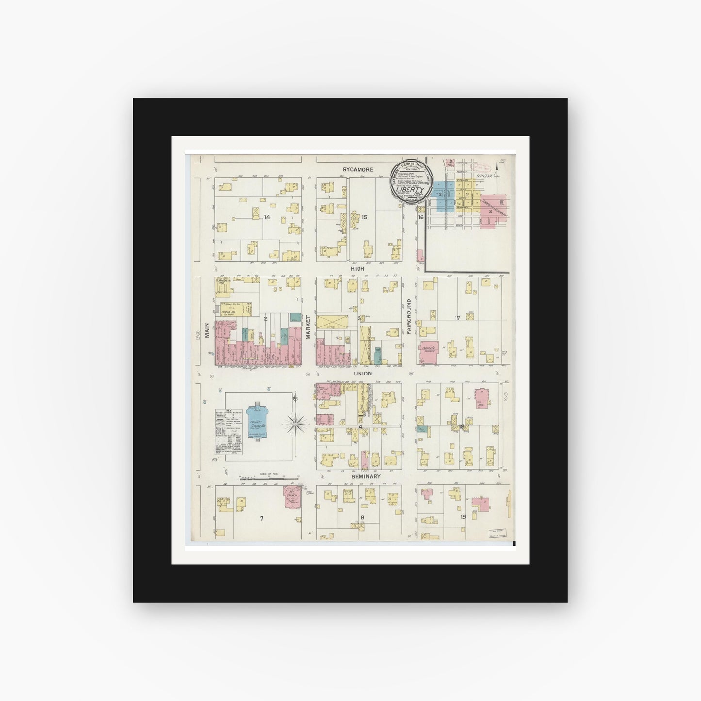 Old map wall art mockup — black gallery frame with white mat — Sanborn Fire Insurance Map from Liberty, Union County, Indiana (1892) - Complete Map Set