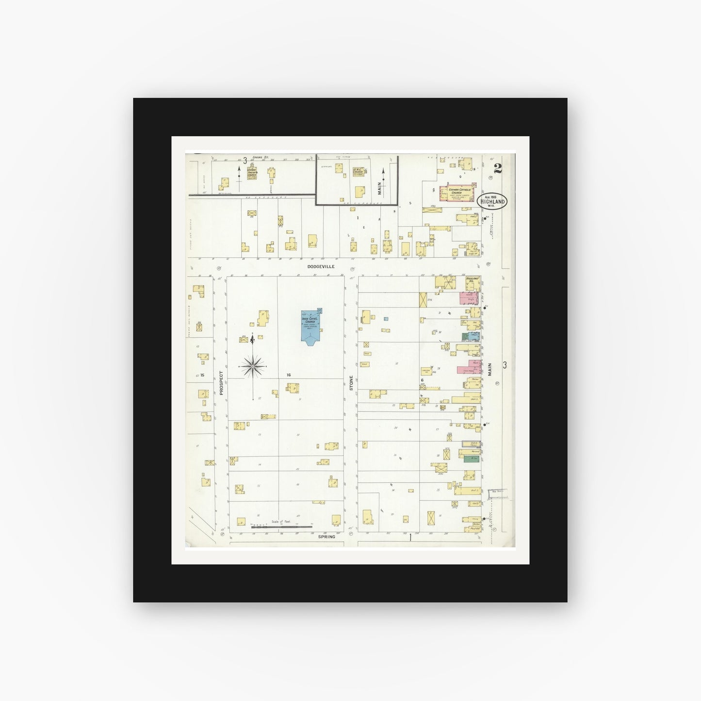 Old map wall art mockup — black gallery frame with white mat — Sanborn Fire Insurance Map from Highland, Iowa County, Wisconsin (1908), Sheet #0002