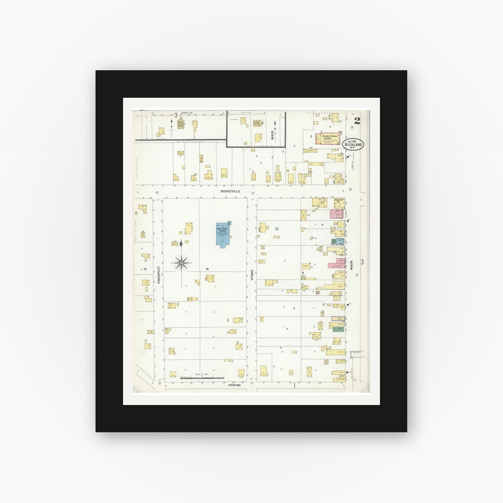 Old map wall art mockup — black gallery frame with white mat — Sanborn Fire Insurance Map from Highland, Iowa County, Wisconsin (1908), Sheet #0002