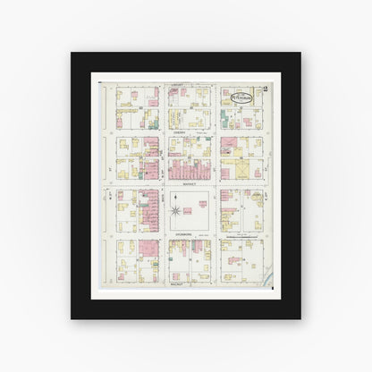 Old map wall art mockup — black gallery frame with white mat — Sanborn Fire Insurance Map from Petersburg, Menard County, Illinois (1892), Sheet #0002