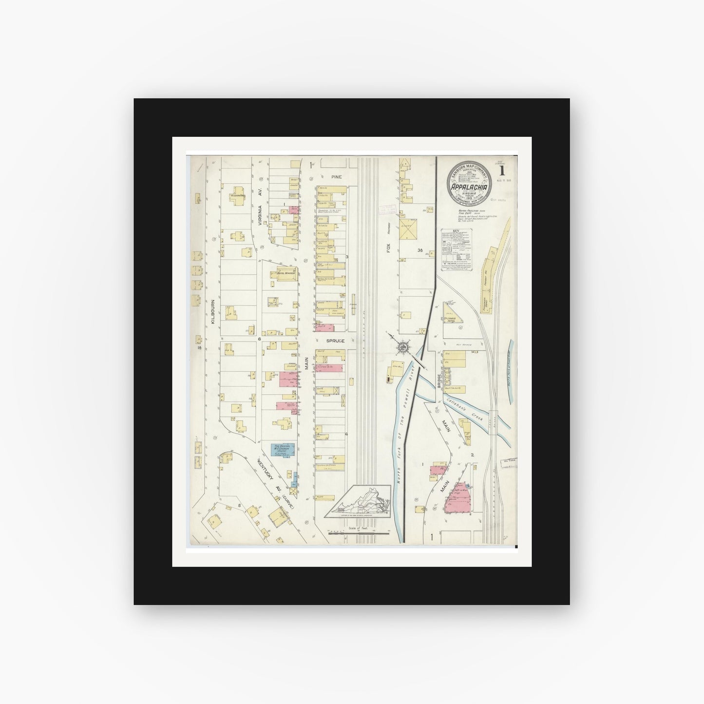 Old map wall art mockup — black gallery frame with white mat — Sanborn Fire Insurance Map from Appalachia, Wise County, Virginia (1913) - Complete Map Set