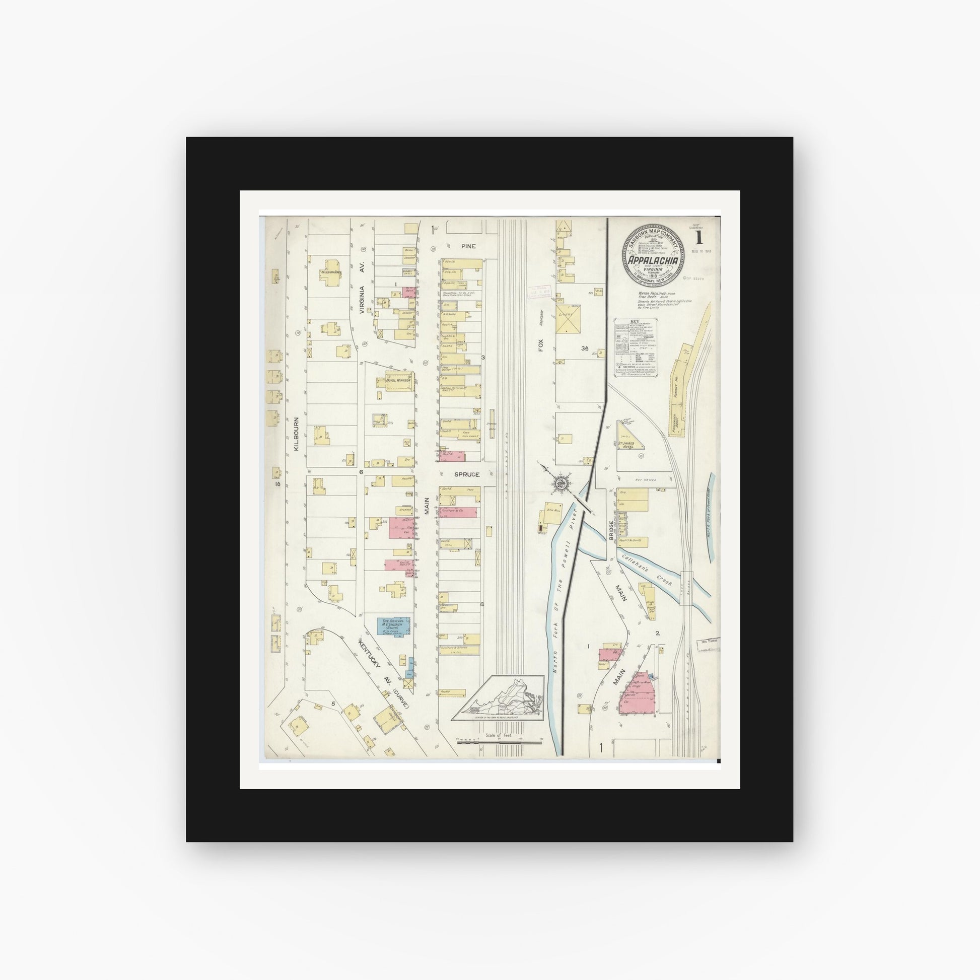 Old map wall art mockup — black gallery frame with white mat — Sanborn Fire Insurance Map from Appalachia, Wise County, Virginia (1913) - Complete Map Set