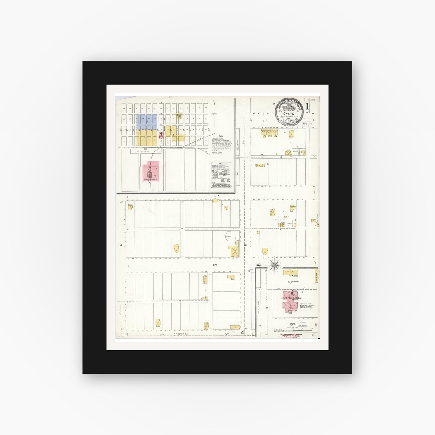 Old map wall art mockup — black gallery frame with white mat — Sanborn Fire Insurance Map from Chino, San Bernardino County, California (1907), Sheet #0001