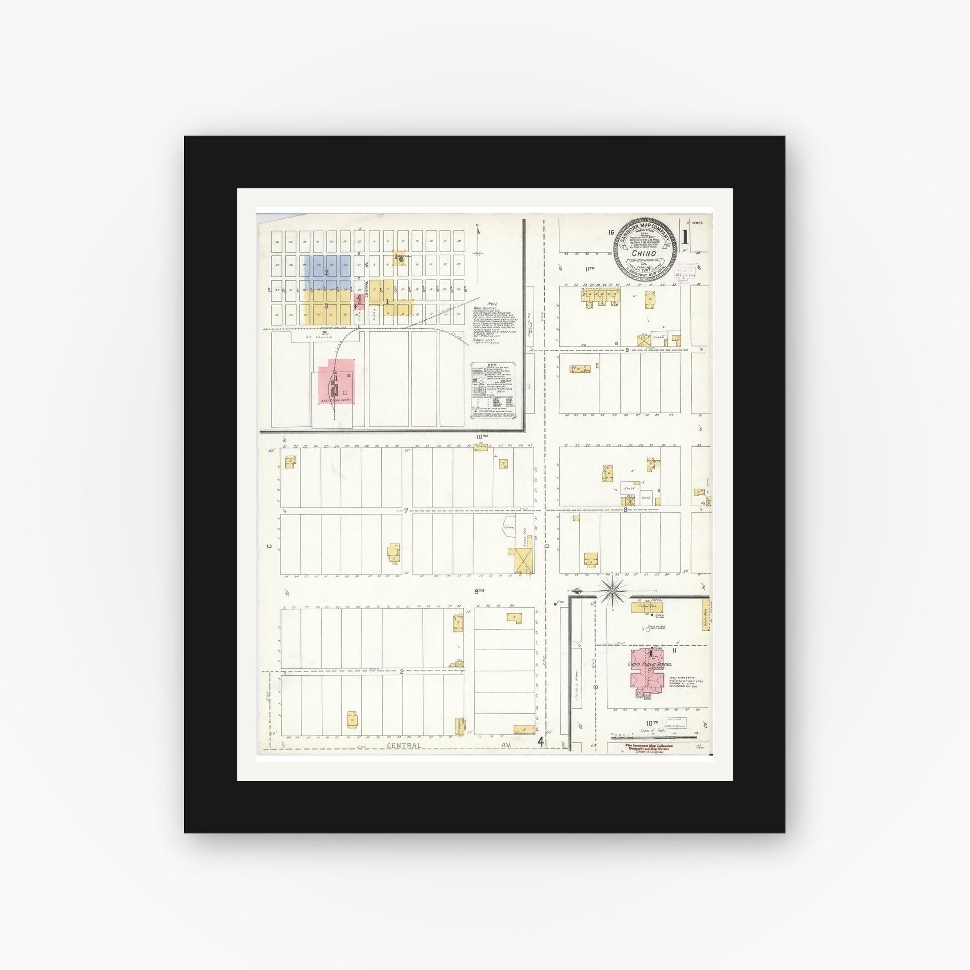Old map wall art mockup — black gallery frame with white mat — Sanborn Fire Insurance Map from Chino, San Bernardino County, California (1907), Sheet #0001