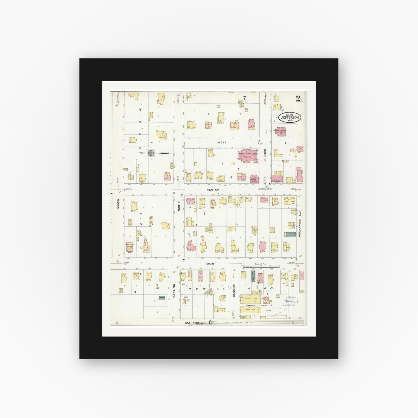 Old map wall art mockup — black gallery frame with white mat — Sanborn Fire Insurance Map from Jefferson, Jefferson County, Wisconsin (1909), Sheet #0002