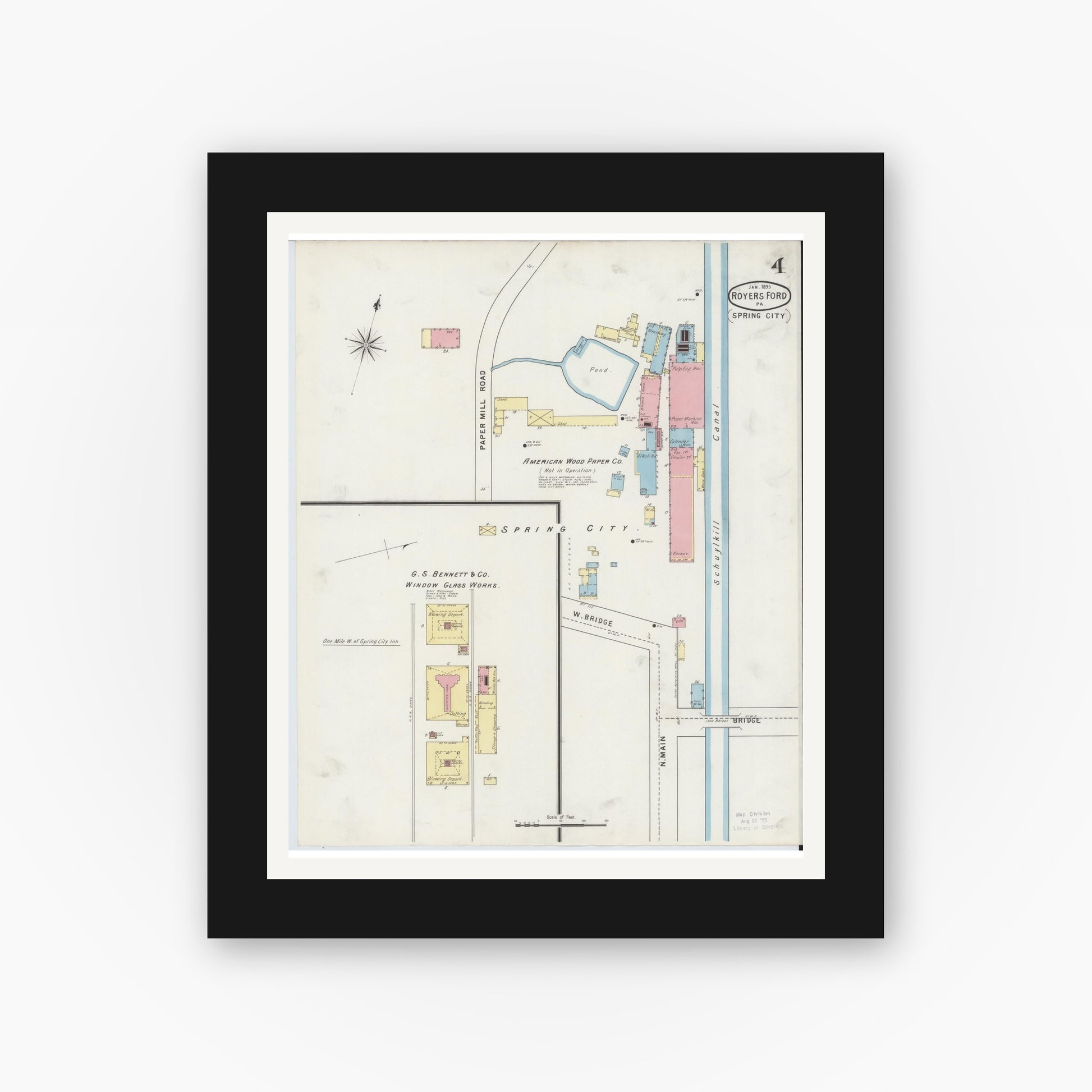 Old map wall art mockup — black gallery frame with white mat — Sanborn Fire Insurance Map from Royersford, Montgomery County, Pennsylvania (1895), Sheet #0004