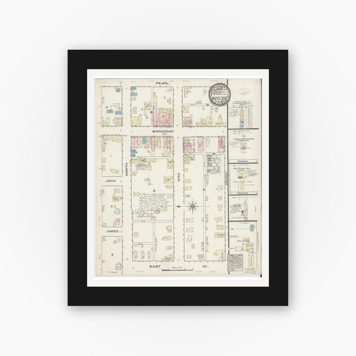 Old map wall art mockup — black gallery frame with white mat — Sanborn Fire Insurance Map from Butler, De Kalb County, Indiana (1885), Sheet #0001