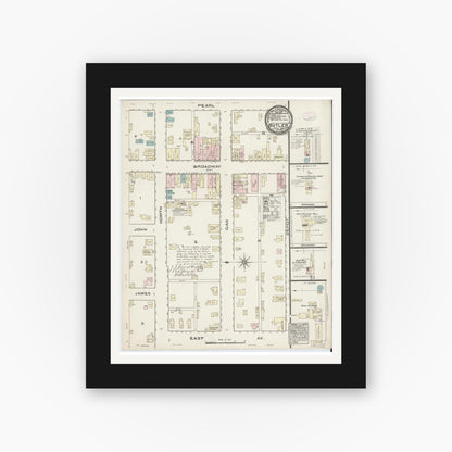 Old map wall art mockup — black gallery frame with white mat — Sanborn Fire Insurance Map from Butler, De Kalb County, Indiana (1885), Sheet #0001