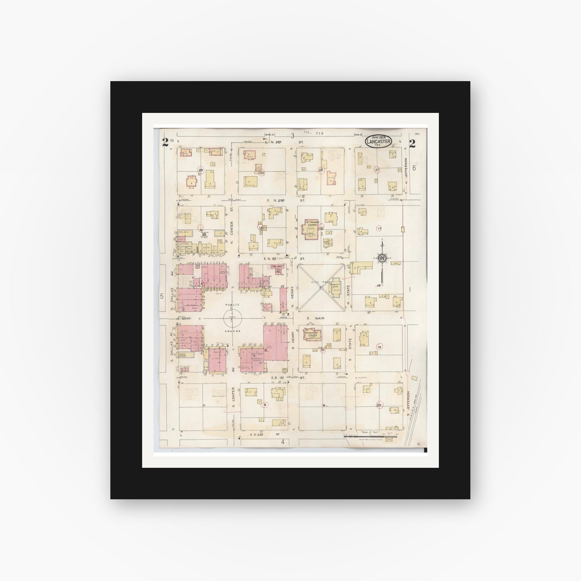 Old map wall art mockup — black gallery frame with white mat — Sanborn Fire Insurance Map from Lancaster, Dallas County, Texas (1939), Sheet #0002