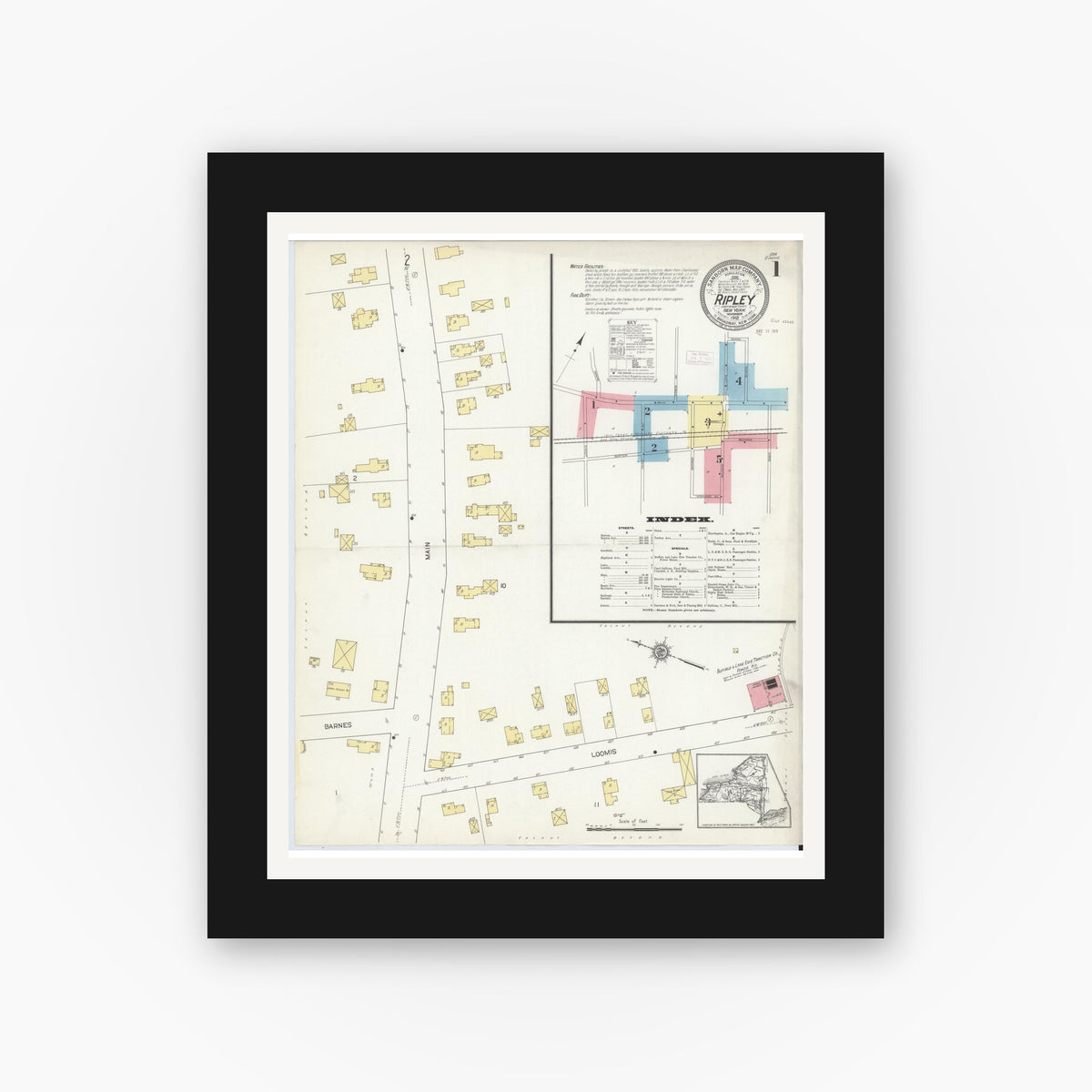 Old map wall art mockup — black gallery frame with white mat — Sanborn Fire Insurance Map from Ripley, Chautauqua County, New York (1912) - Complete Map Set