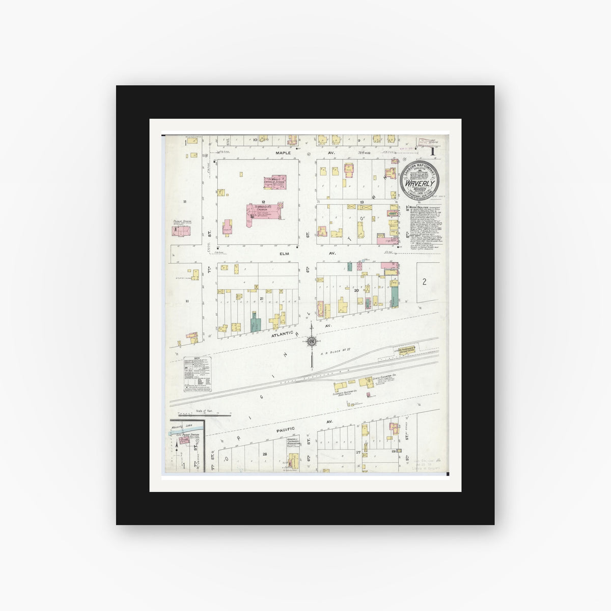 Old map wall art mockup — black gallery frame with white mat — Sanborn Fire Insurance Map from Waverly, Wright County, Minnesota (1909), Sheet #0001