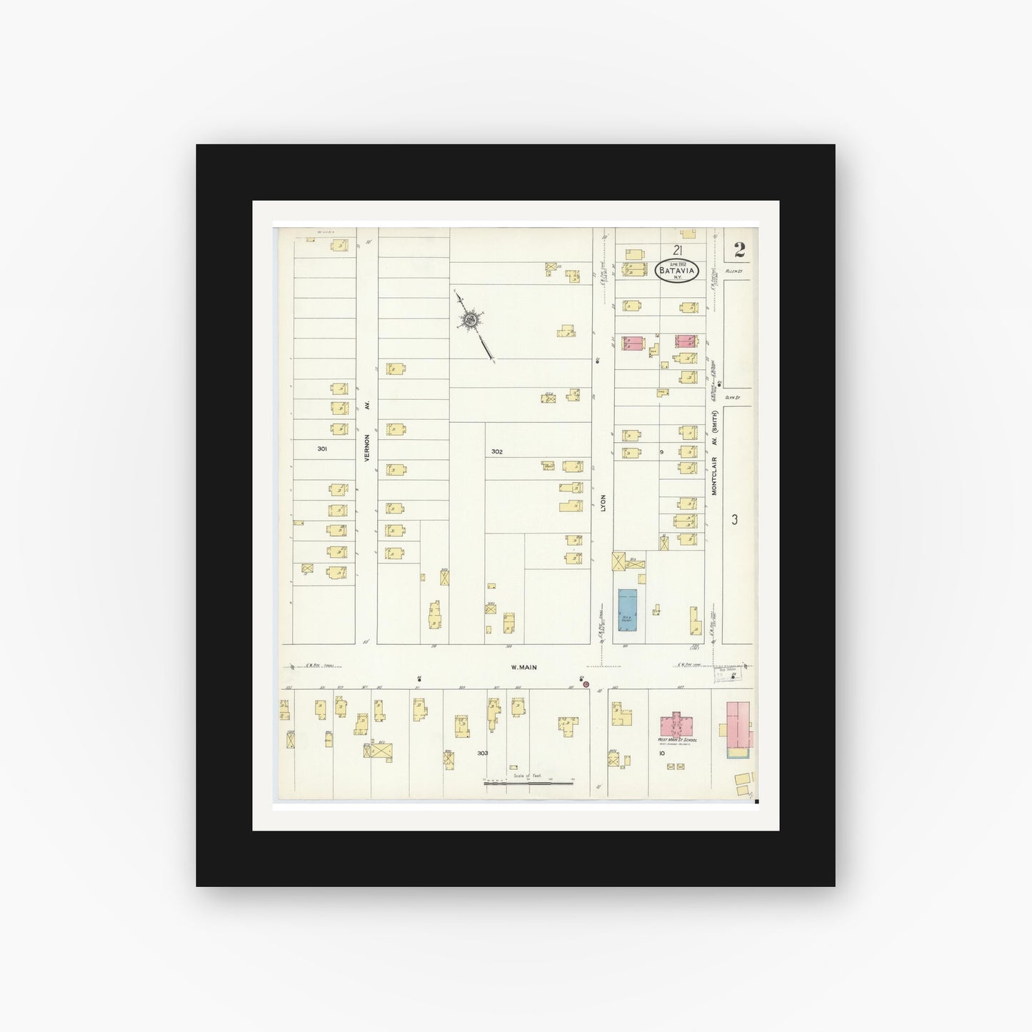 Old map wall art mockup — black gallery frame with white mat — Sanborn Fire Insurance Map from Batavia, Genesee County, New York (1912), Sheet #0002