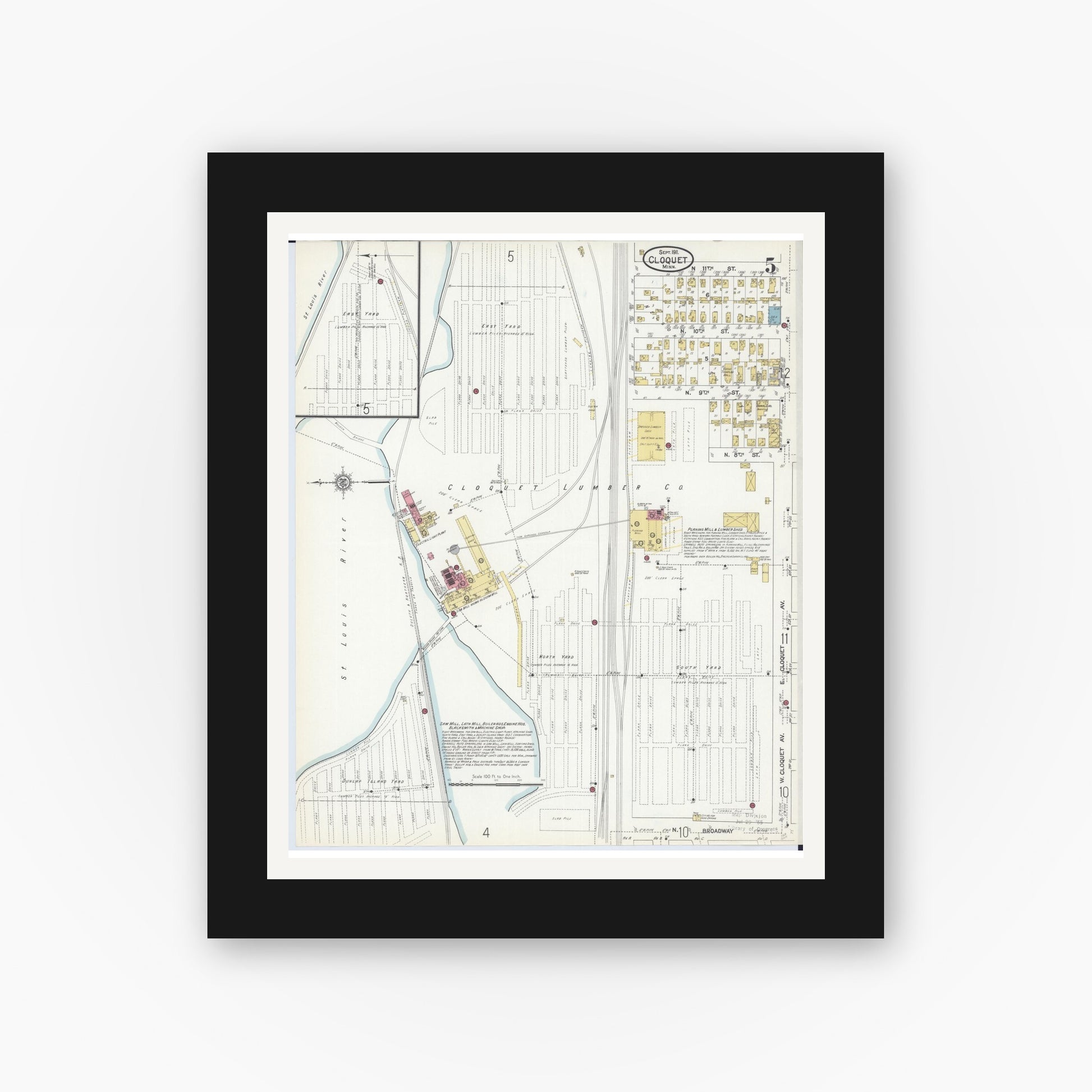 Old map wall art mockup — black gallery frame with white mat — Sanborn Fire Insurance Map from Cloquet, Carlton County, Minnesota (1911), Sheet #0005