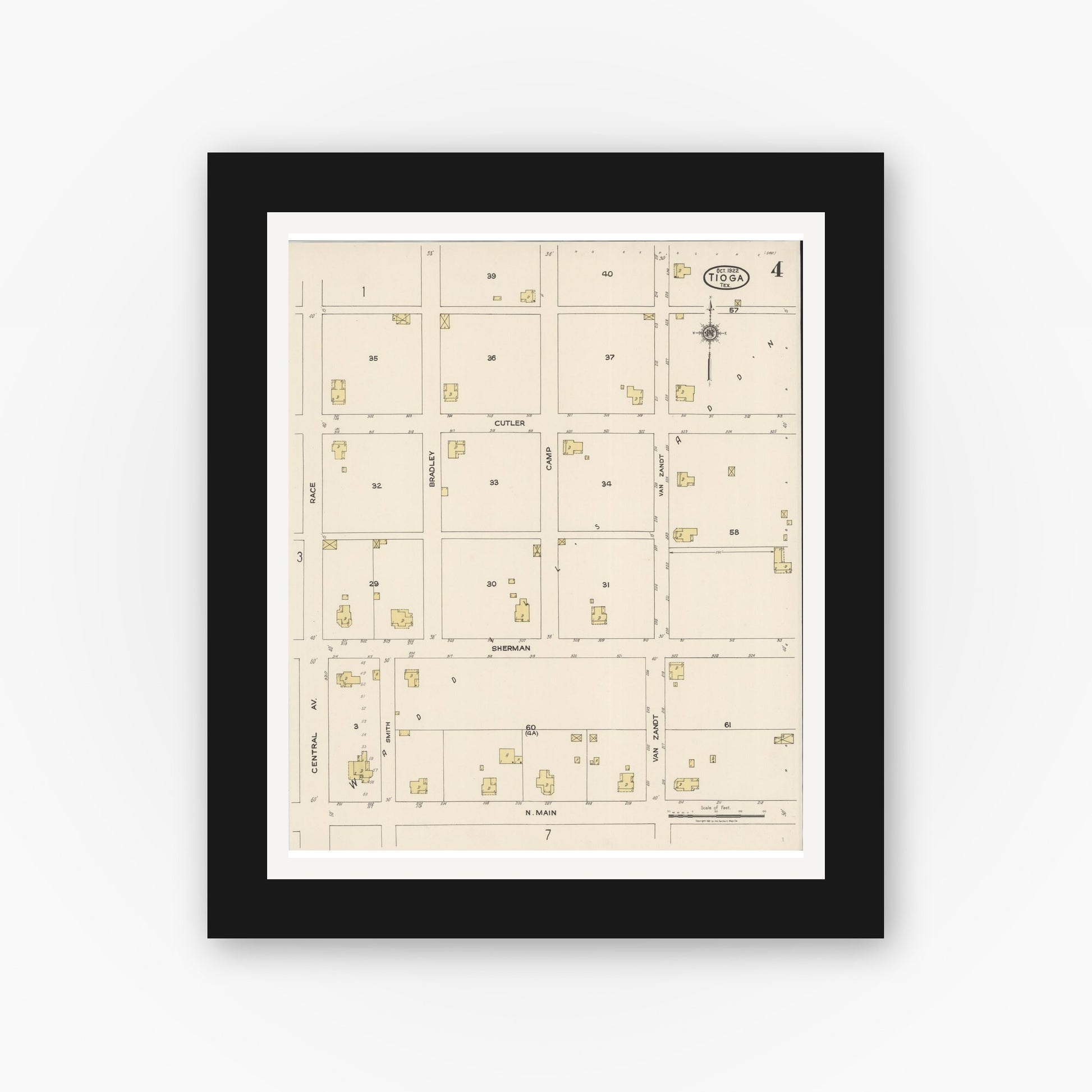 Old map wall art mockup — black gallery frame with white mat — Sanborn Fire Insurance Map from Tioga, Grayton County, Texas (1922), Sheet #0004