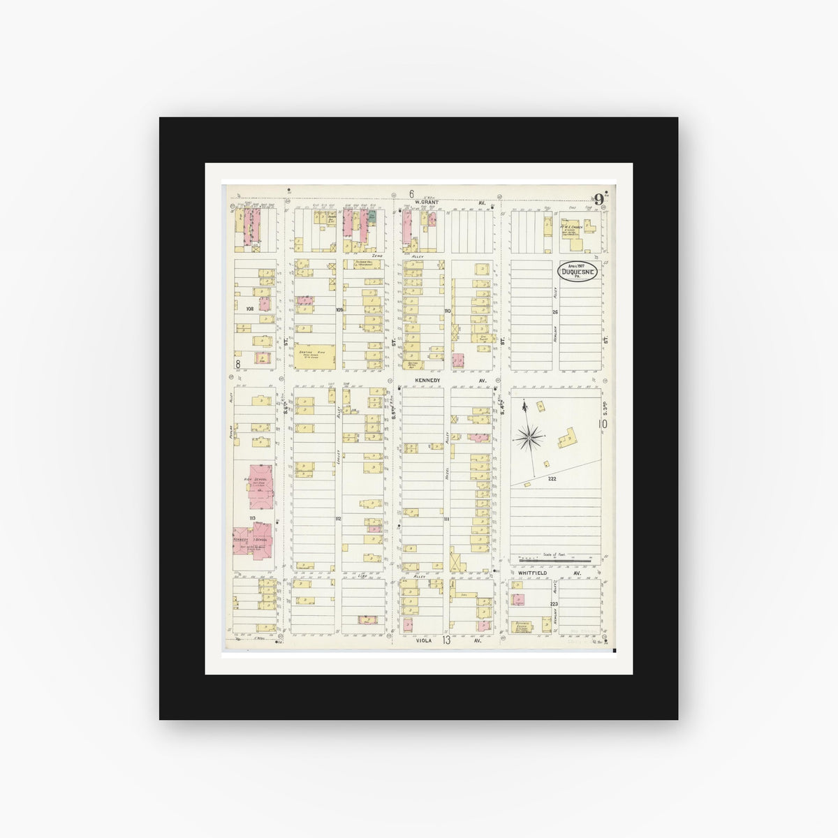 Old map wall art mockup — black gallery frame with white mat — Sanborn Fire Insurance Map from Duquesne, Allegheny County, Pennsylvania (1907), Sheet #0009