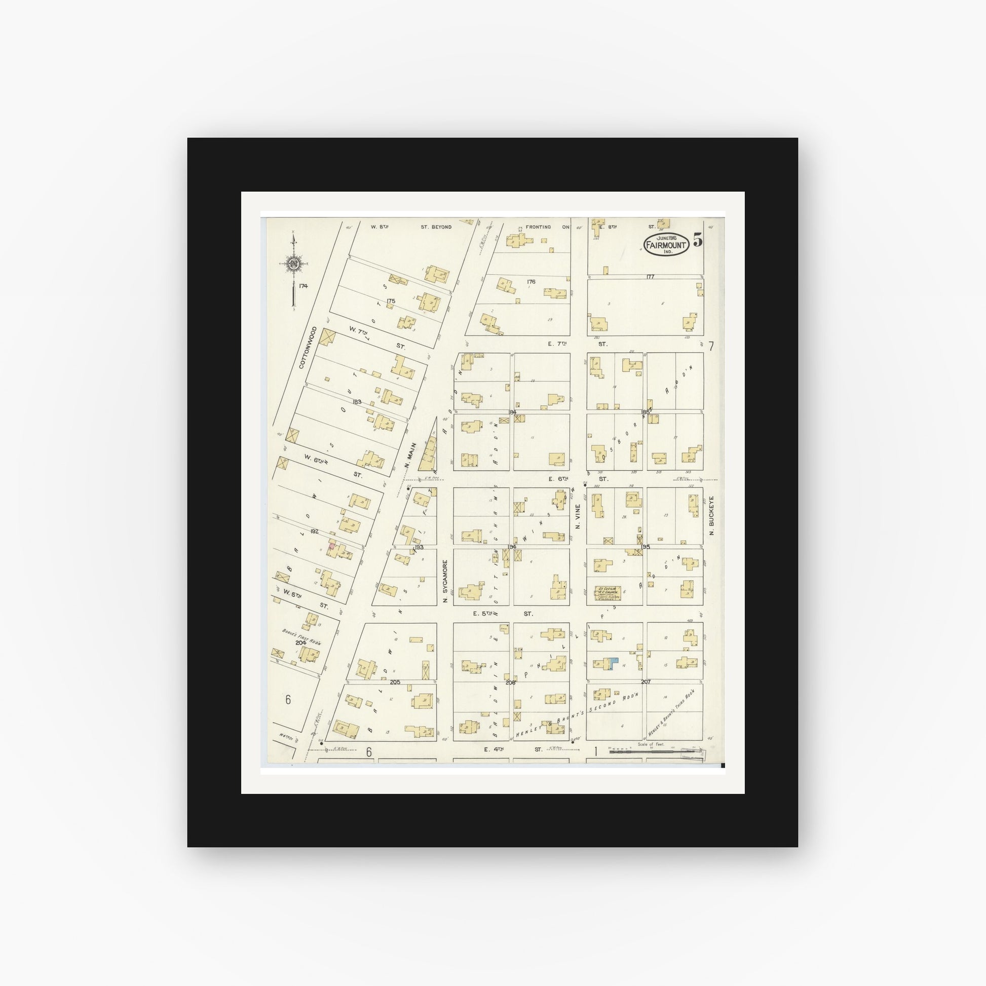 Old map wall art mockup — black gallery frame with white mat — Sanborn Fire Insurance Map from Fairmount, Grant County, Indiana (1916), Sheet #0005