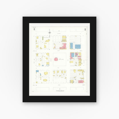 Old map wall art mockup — black gallery frame with white mat — Sanborn Fire Insurance Map from Kyle, Hays County, Texas (1936), Sheet #0002