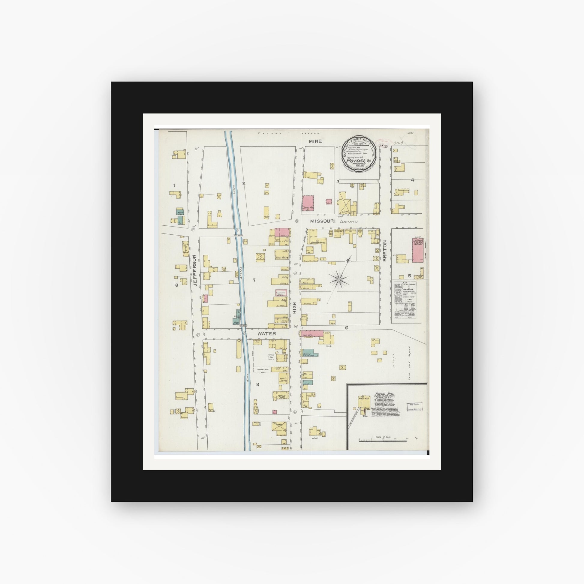 Old map wall art mockup — black gallery frame with white mat — Sanborn Fire Insurance Map from Potosi, Washington County, Missouri (1893), Sheet #0001
