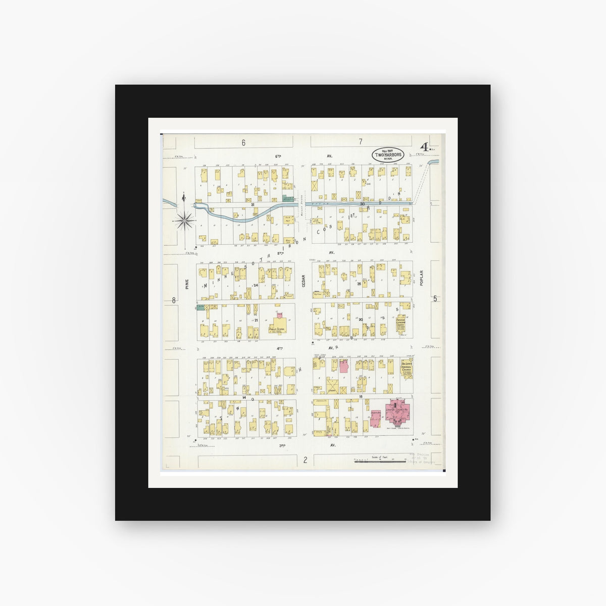Old map wall art mockup — black gallery frame with white mat — Sanborn Fire Insurance Map from Two Harbors, Lake County, Minnesota (1907), Sheet #0004