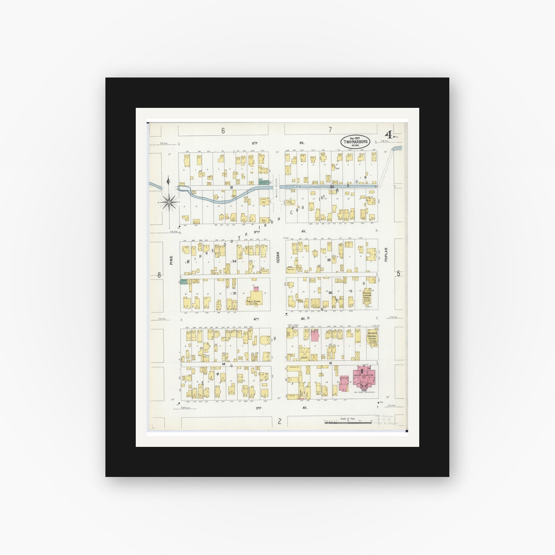 Old map wall art mockup — black gallery frame with white mat — Sanborn Fire Insurance Map from Two Harbors, Lake County, Minnesota (1907), Sheet #0004