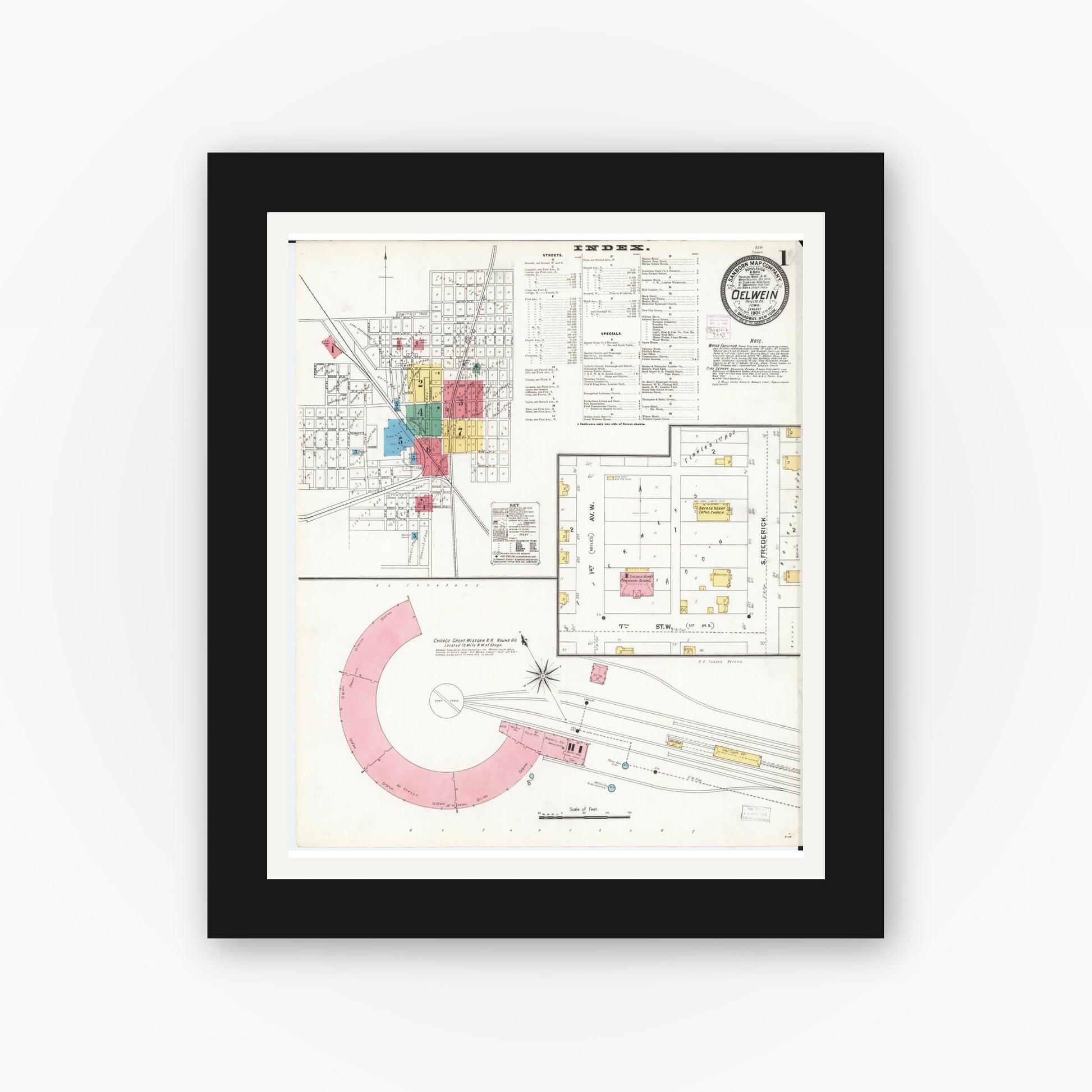 Old map wall art mockup — black gallery frame with white mat — Sanborn Fire Insurance Map from Oelwein, Fayette County, Iowa (1906) â€” Complete Set
