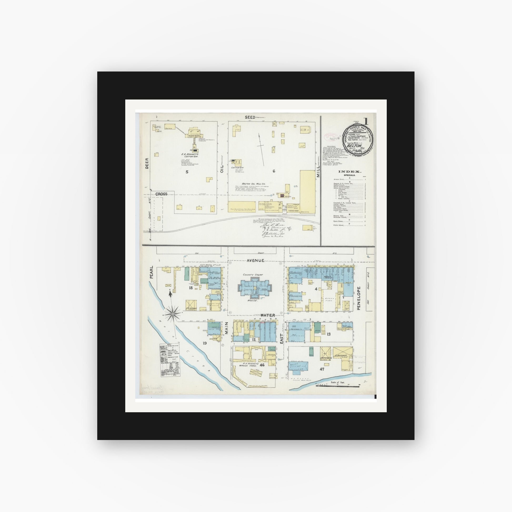Old map wall art mockup — black gallery frame with white mat — Sanborn Fire Insurance Map from Belton, Bell County, Texas (1891), Sheet #0001