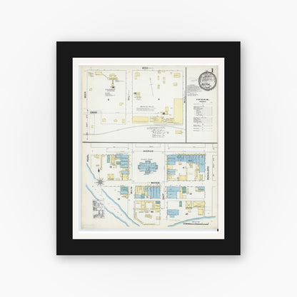Old map wall art mockup — black gallery frame with white mat — Sanborn Fire Insurance Map from Belton, Bell County, Texas (1891), Sheet #0001