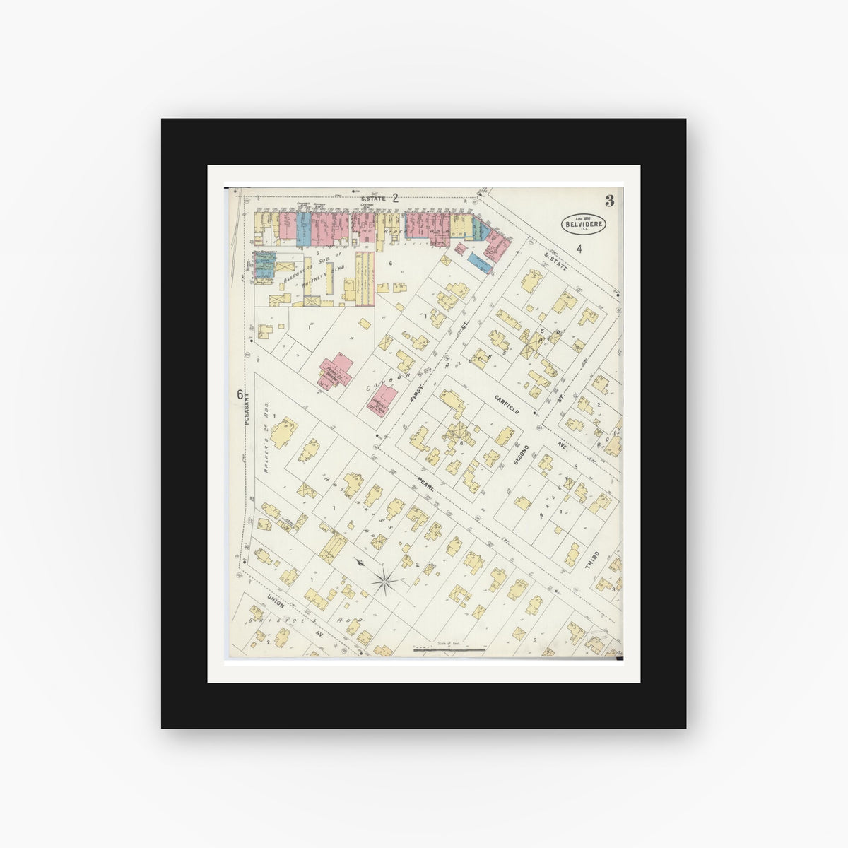 Old map wall art mockup — black gallery frame with white mat — Sanborn Fire Insurance Map from Belvidere, Boone County, Illinois (1897), Sheet #0003