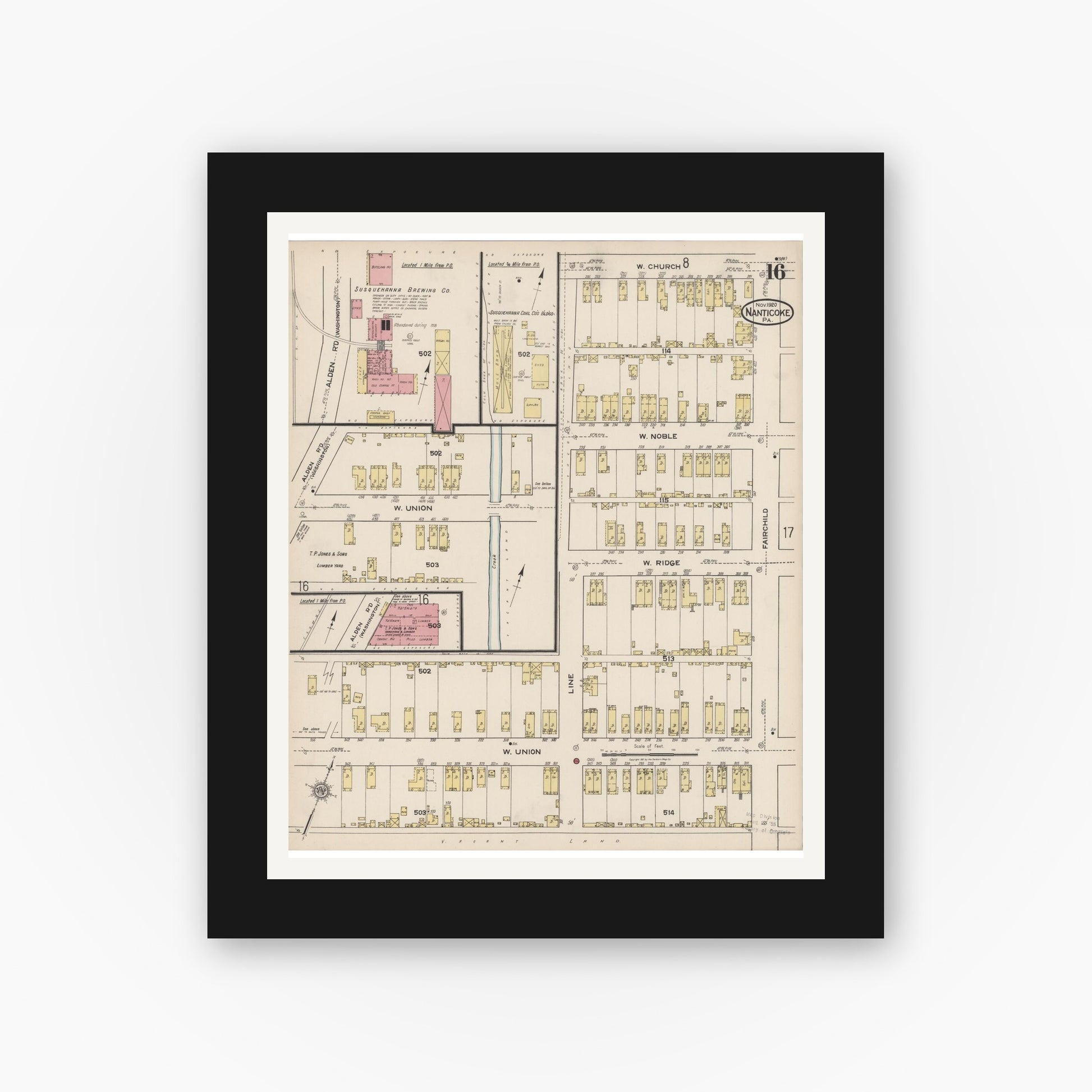 Old map wall art mockup — black gallery frame with white mat — Sanborn Fire Insurance Map from Nanticoke, Luzerne County, Pennsylvania (1920), Sheet #0016