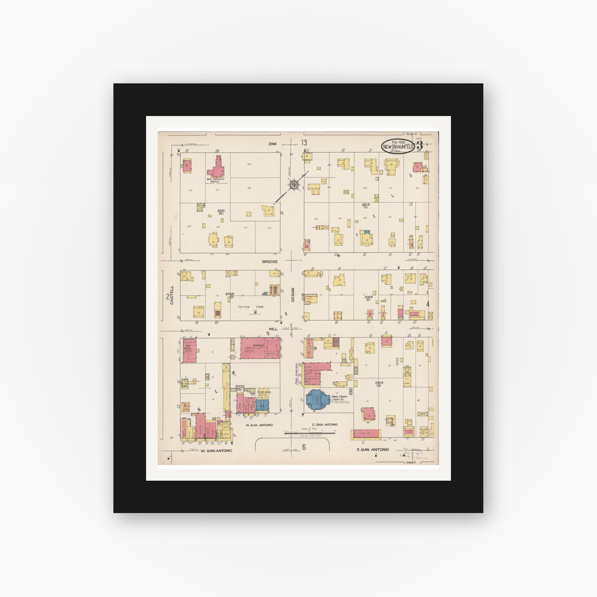 Old map wall art mockup — black gallery frame with white mat — Sanborn Fire Insurance Map from New Braunfels, Comal County, Texas (1922), Sheet #0003