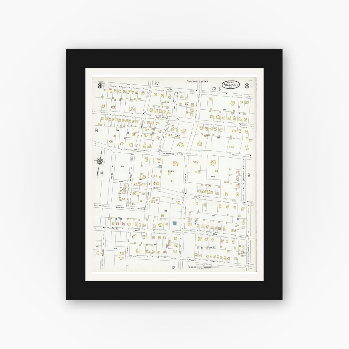 Old map wall art mockup — black gallery frame with white mat — Sanborn Fire Insurance Map from Freeport, Nassau County, New York (1925), Sheet #0008
