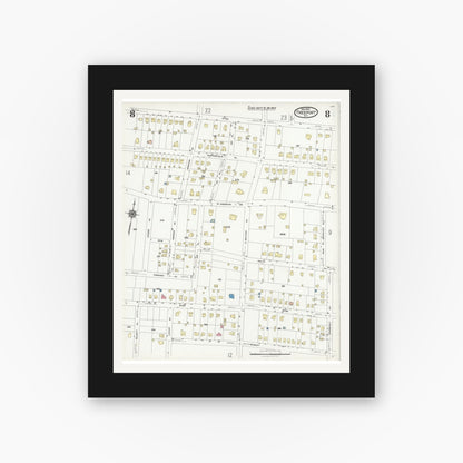 Old map wall art mockup — black gallery frame with white mat — Sanborn Fire Insurance Map from Freeport, Nassau County, New York (1925), Sheet #0008