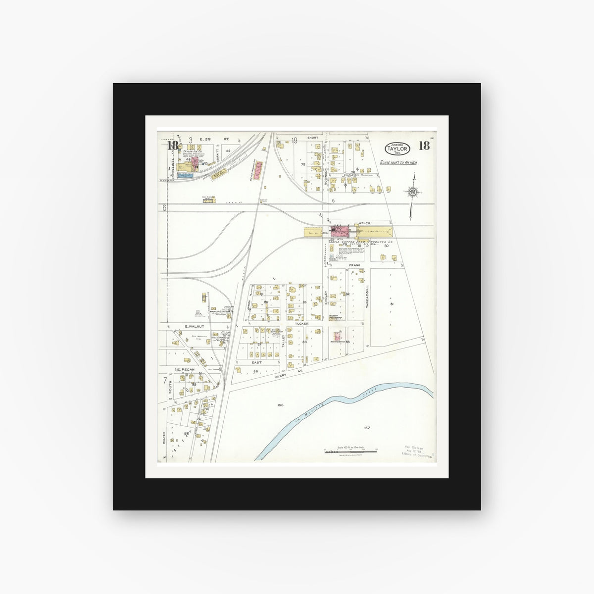 Old map wall art mockup — black gallery frame with white mat — Sanborn Fire Insurance Map from Taylor, Williamson County, Texas (1923), Sheet #0018