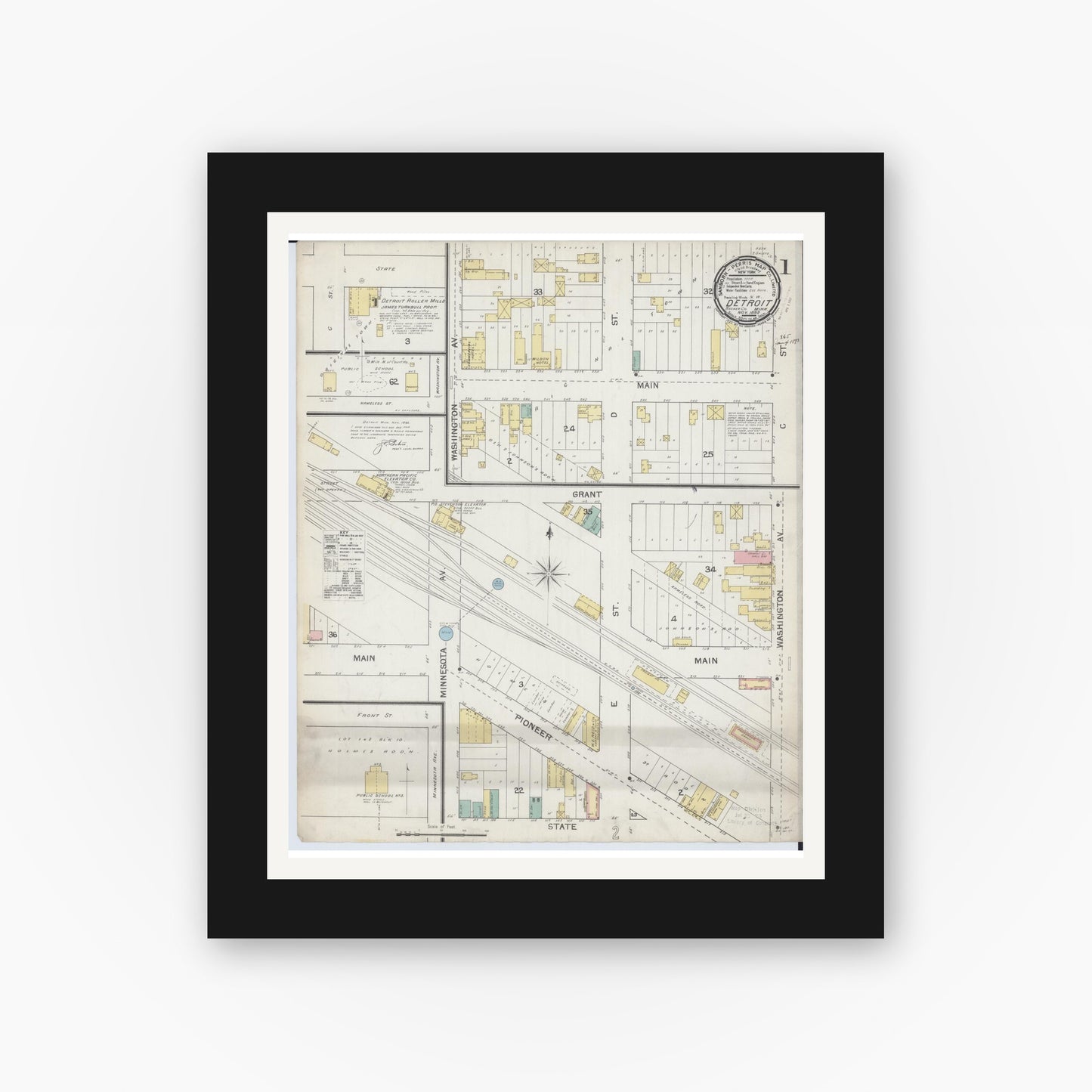 Old map wall art mockup — black gallery frame with white mat — Sanborn Fire Insurance Map from Detroit Lakes, Becker County, Minnesota (1892) - Complete Map Set