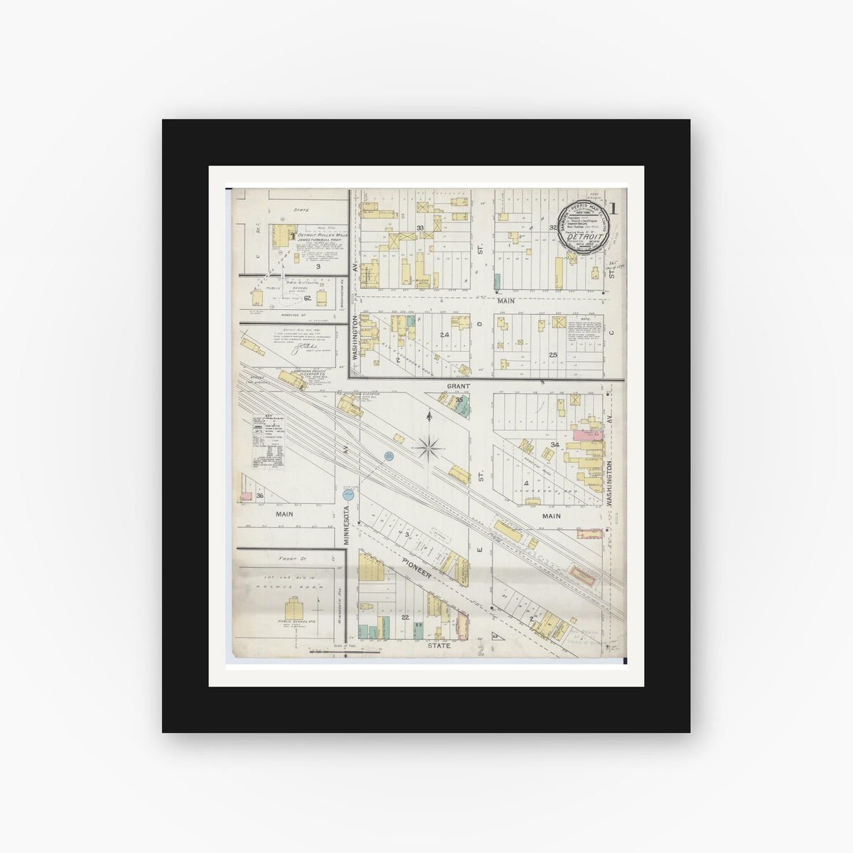 Old map wall art mockup — black gallery frame with white mat — Sanborn Fire Insurance Map from Detroit Lakes, Becker County, Minnesota (1892) - Complete Map Set
