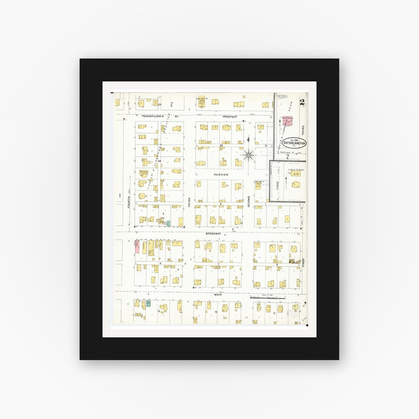 Old map wall art mockup — black gallery frame with white mat — Sanborn Fire Insurance Map from Oxford Junction, Jones County, Iowa (1905), Sheet #0002