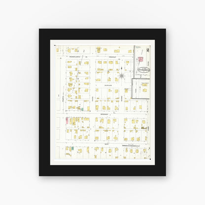 Old map wall art mockup — black gallery frame with white mat — Sanborn Fire Insurance Map from Oxford Junction, Jones County, Iowa (1905), Sheet #0002