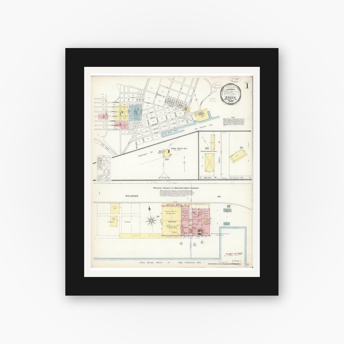 Old map wall art mockup — black gallery frame with white mat — Sanborn Fire Insurance Map from Baden, San Mateo County, California (1899), Sheet #0001