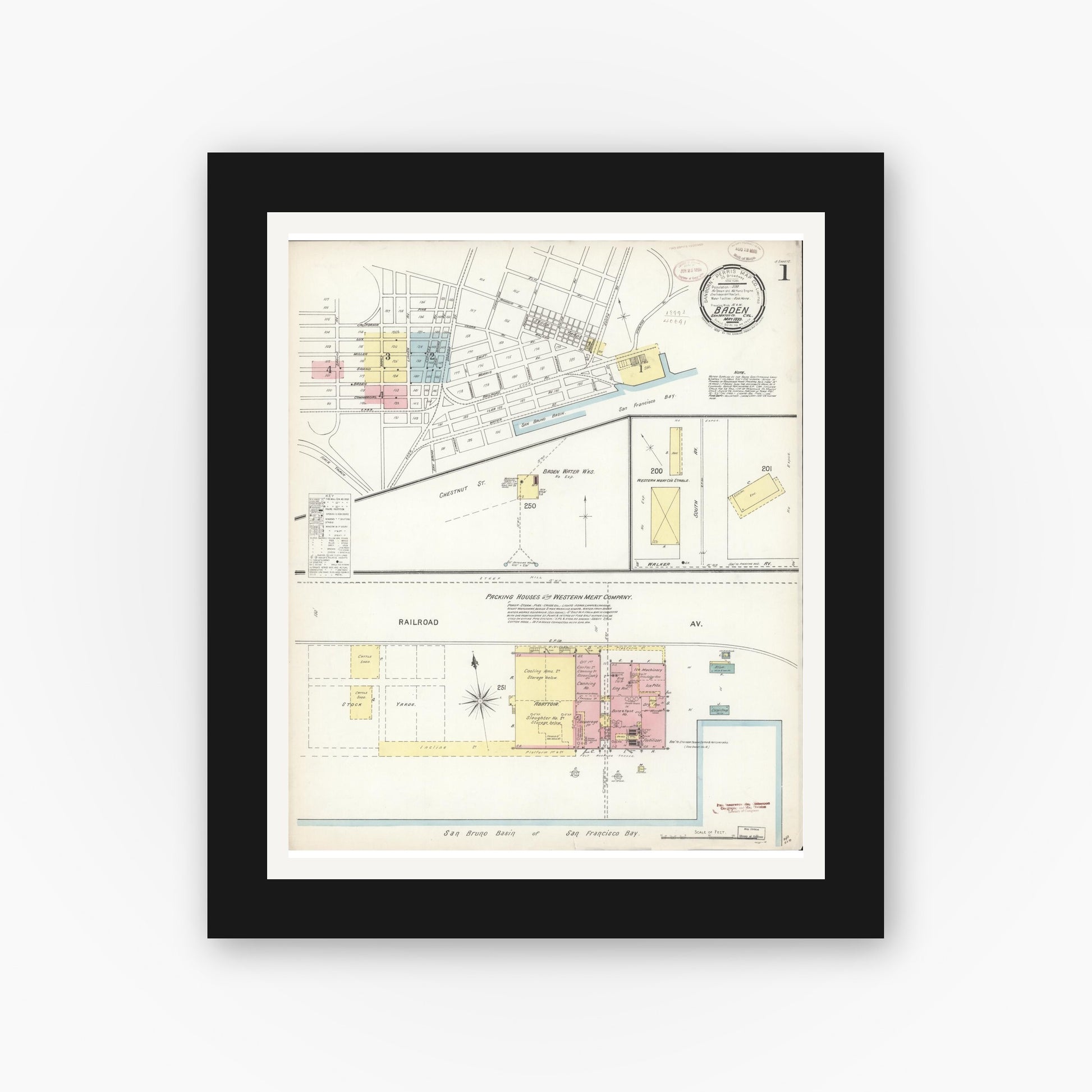 Old map wall art mockup — black gallery frame with white mat — Sanborn Fire Insurance Map from Baden, San Mateo County, California (1899), Sheet #0001
