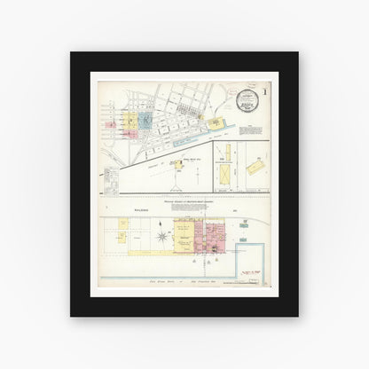 Old map wall art mockup — black gallery frame with white mat — Sanborn Fire Insurance Map from Baden, San Mateo County, California (1899), Sheet #0001