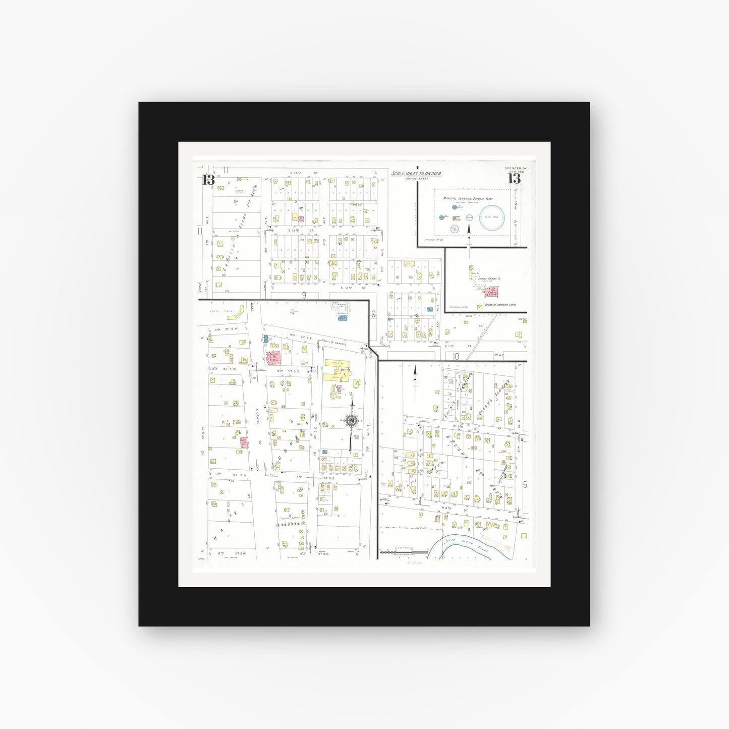 Old map wall art mockup — black gallery frame with white mat — Sanborn Fire Insurance Map from Spencer, Clay County, Iowa (1941), Sheet #0013