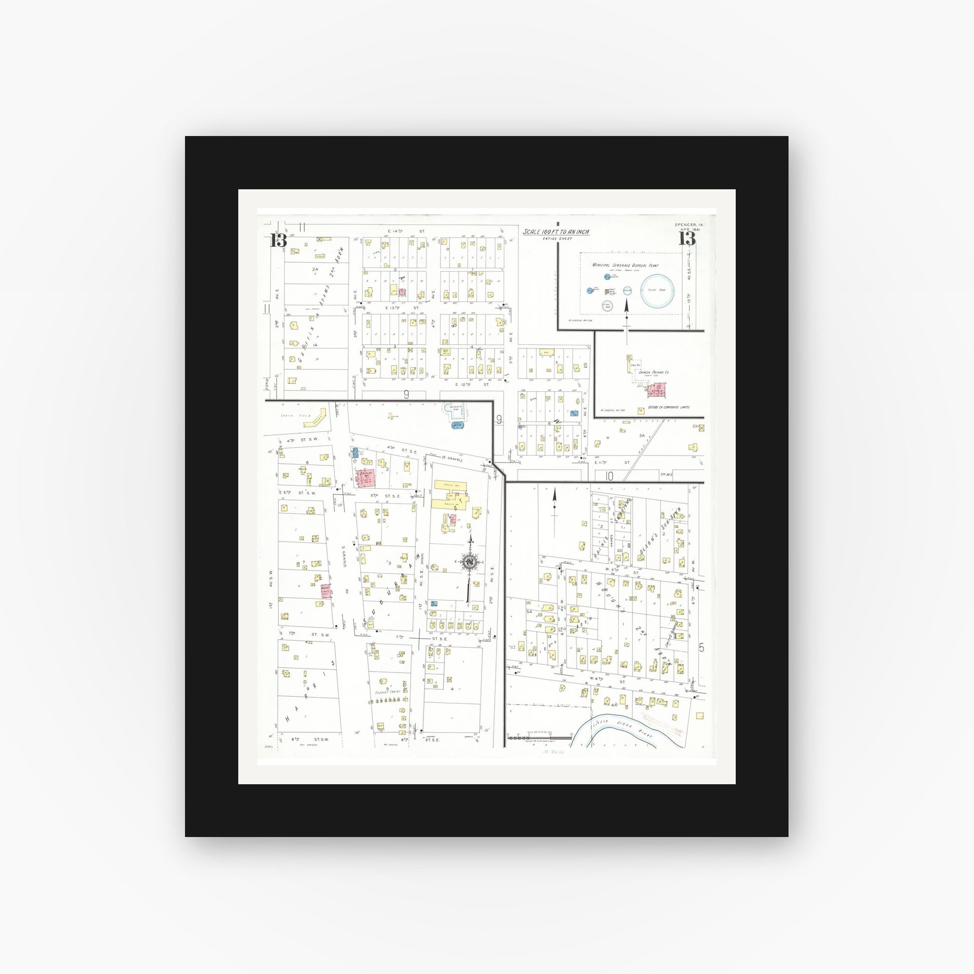 Old map wall art mockup — black gallery frame with white mat — Sanborn Fire Insurance Map from Spencer, Clay County, Iowa (1941), Sheet #0013