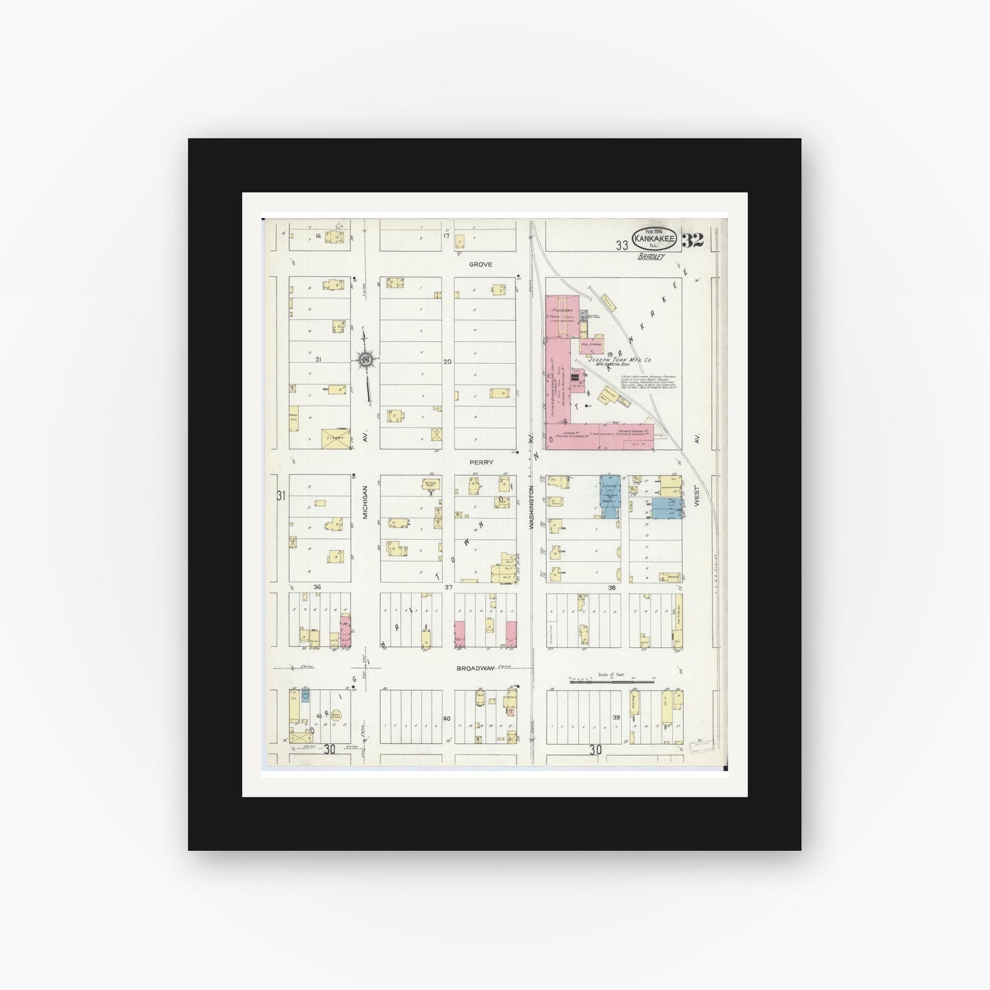 Old map wall art mockup — black gallery frame with white mat — Sanborn Fire Insurance Map from Kankakee, Kankakee County, Illinois (1914), Sheet #0032