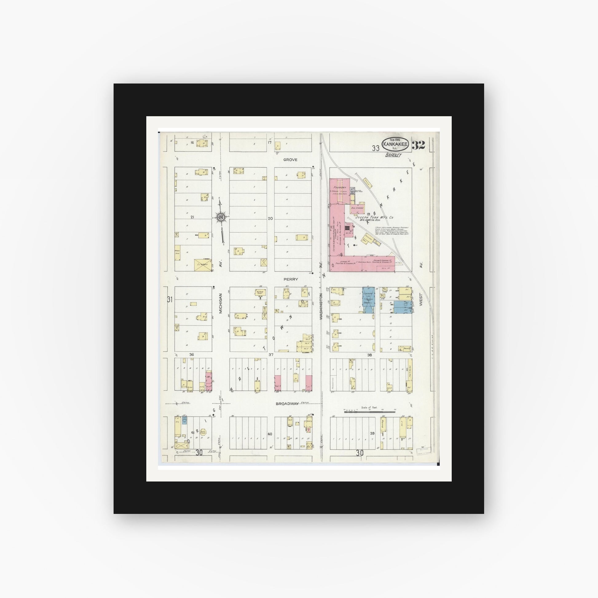 Old map wall art mockup — black gallery frame with white mat — Sanborn Fire Insurance Map from Kankakee, Kankakee County, Illinois (1914), Sheet #0032