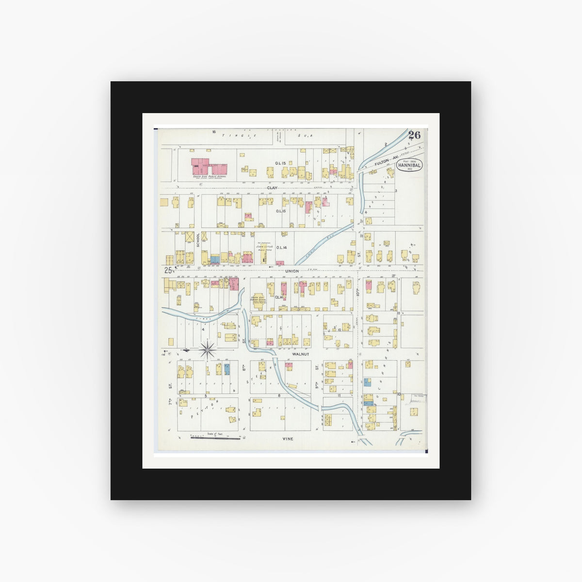 Old map wall art mockup — black gallery frame with white mat — Sanborn Fire Insurance Map from Hannibal, Marion County, Missouri (1906), Sheet #0026